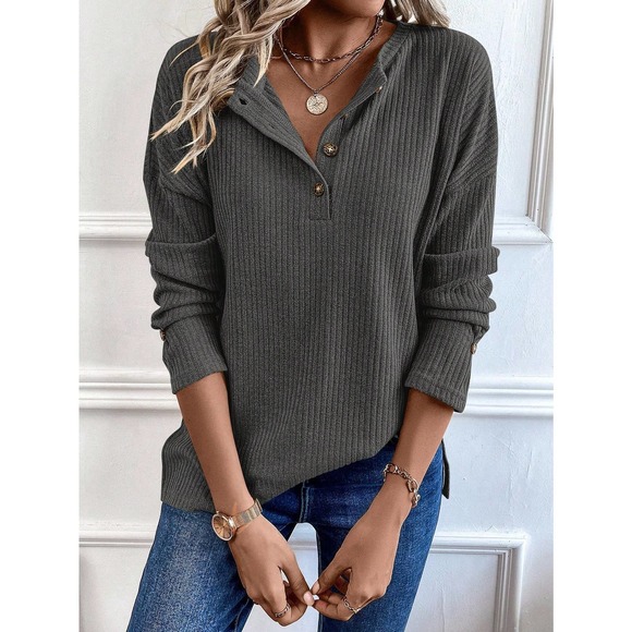 preppy Half Button Drop Shoulder ribbed Knit long sleeve Tee - Picture 5 of 11